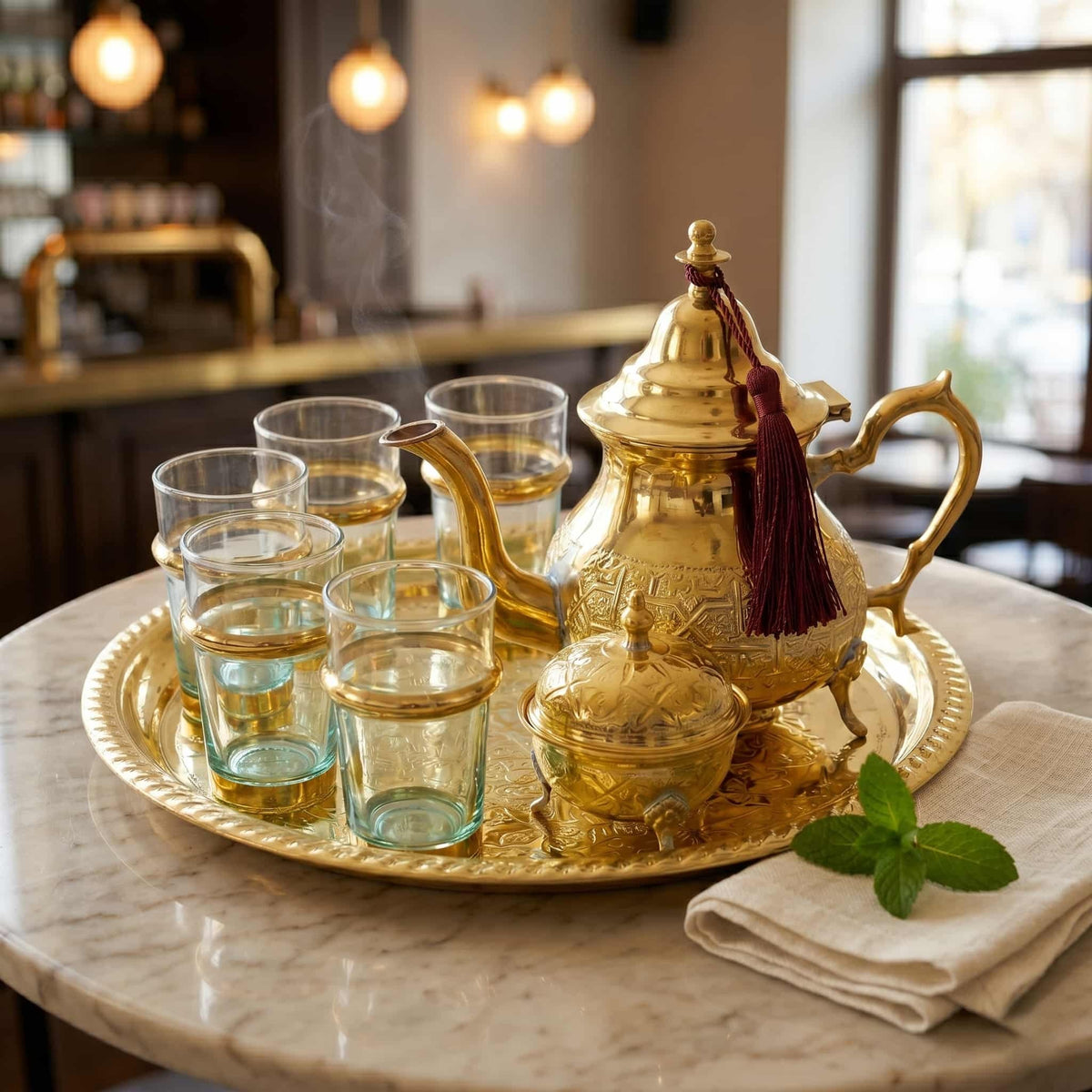 Brass Moroccan tea set, 9-piece with sugar bowl and aqua glasses — image 6
