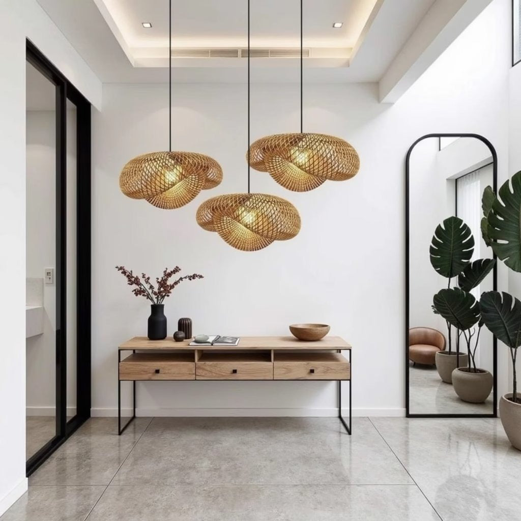Organic wave rattan pendant lamp, lit in a room