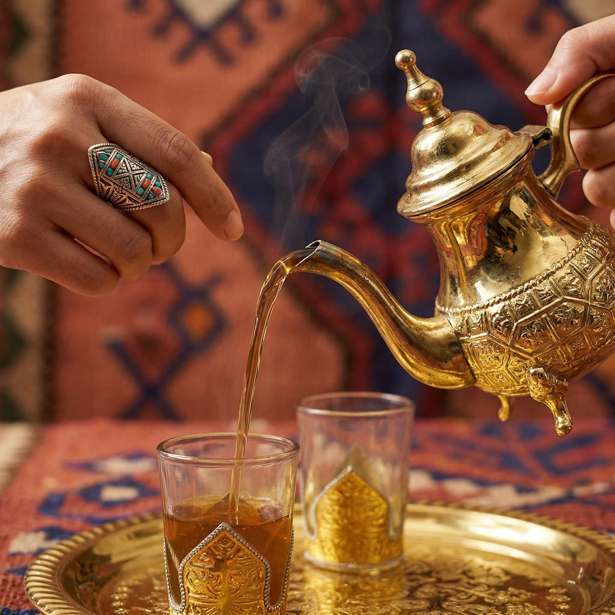 Brass Moroccan mini tea set for two, footed embossed teapot — image 5