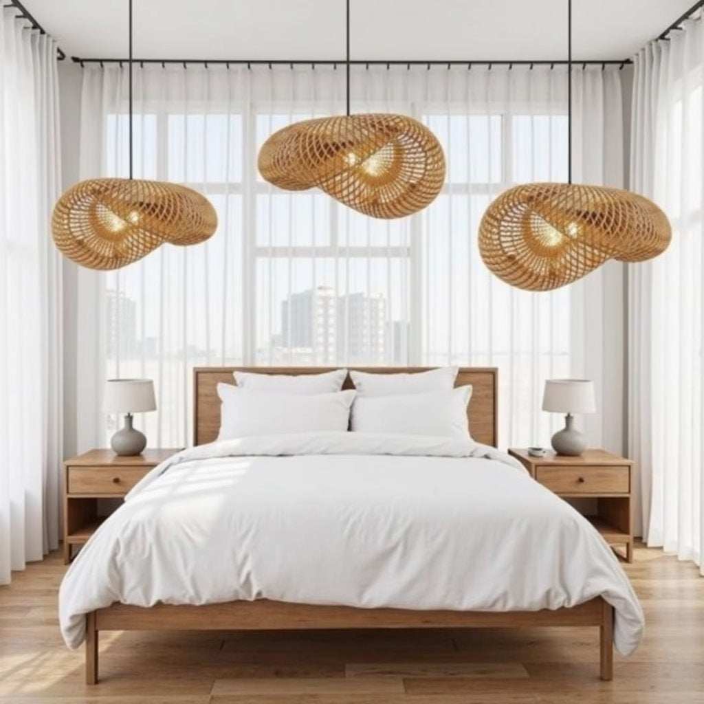 Organic wave rattan pendant lamp, side view