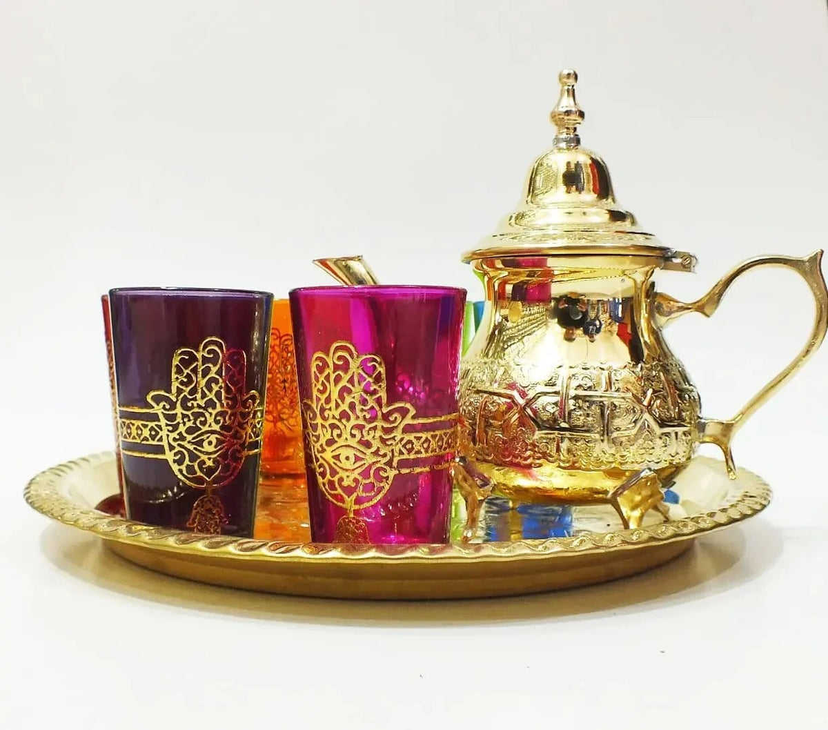 Gold brass hamsa Moroccan tea set, 8-piece with jewel-tone glasses — image 5