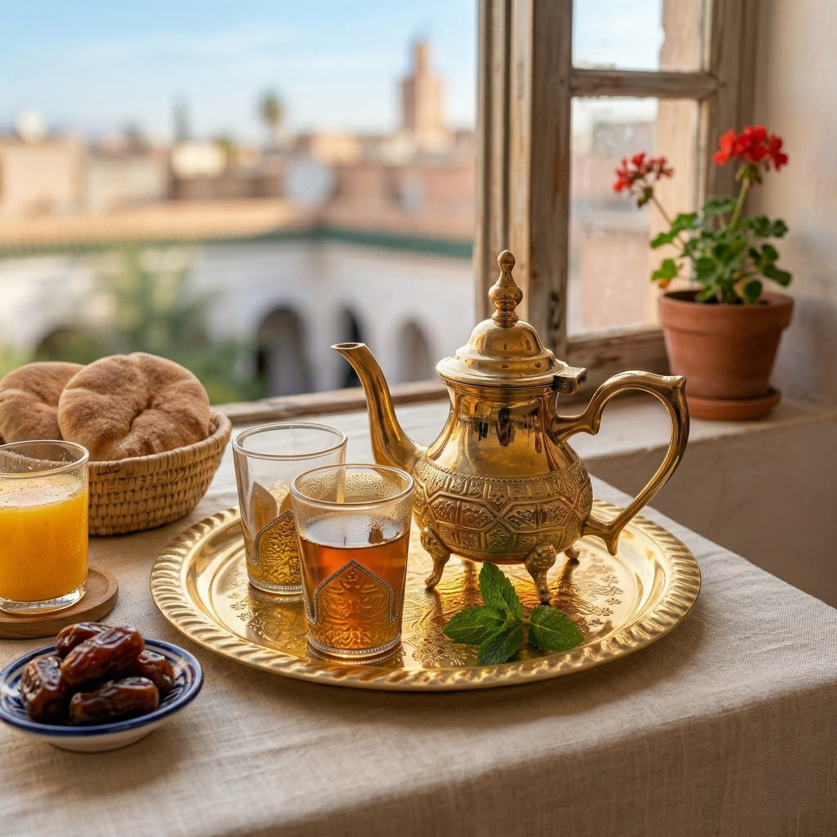 Brass Moroccan mini tea set for two, footed embossed teapot — image 6