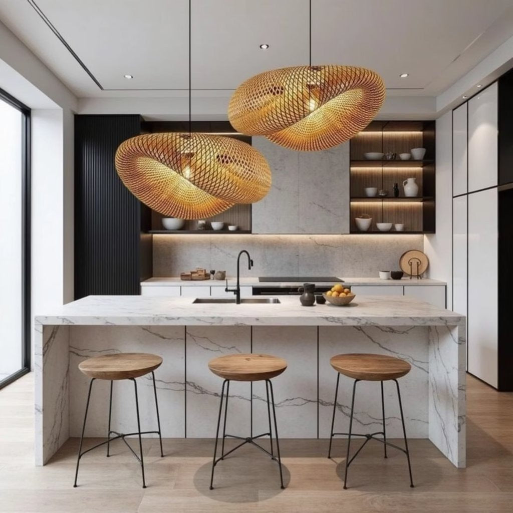 Organic wave rattan pendant lamp, from below