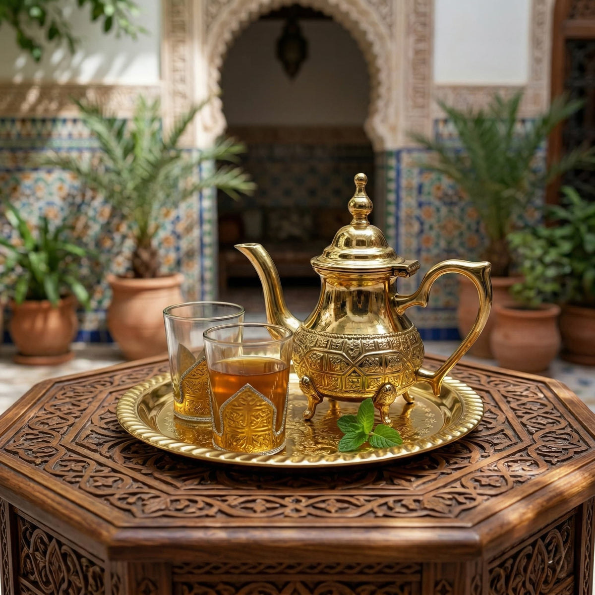 Brass Moroccan mini tea set for two, footed embossed teapot — image 8