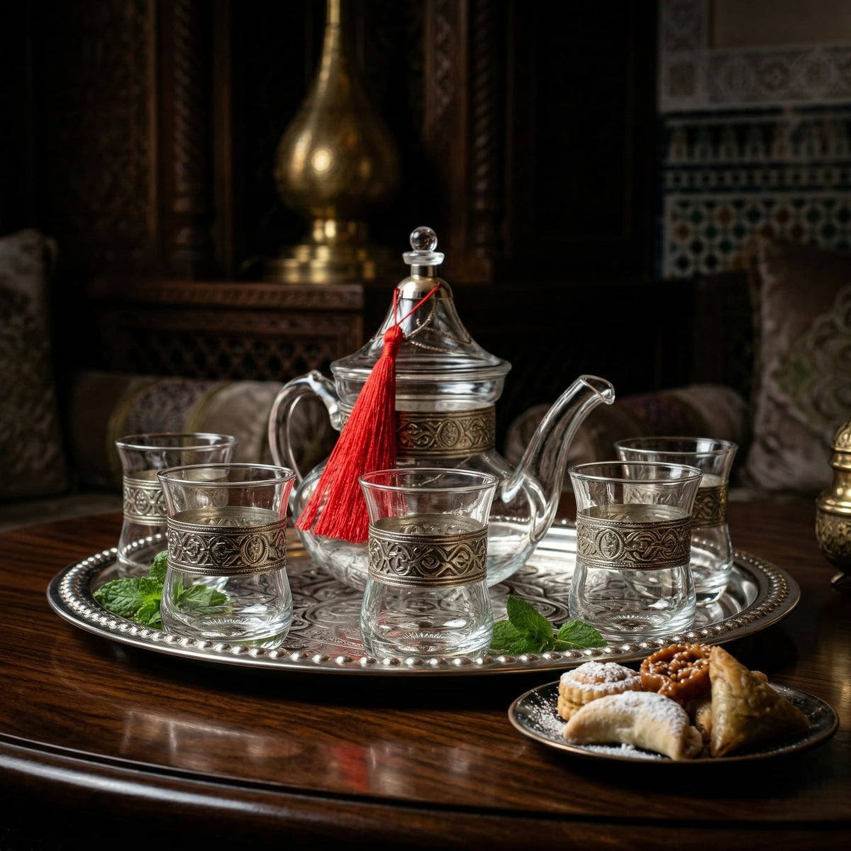 Silver-plated filigree glass tea set, 8-piece with borosilicate teapot — image 5