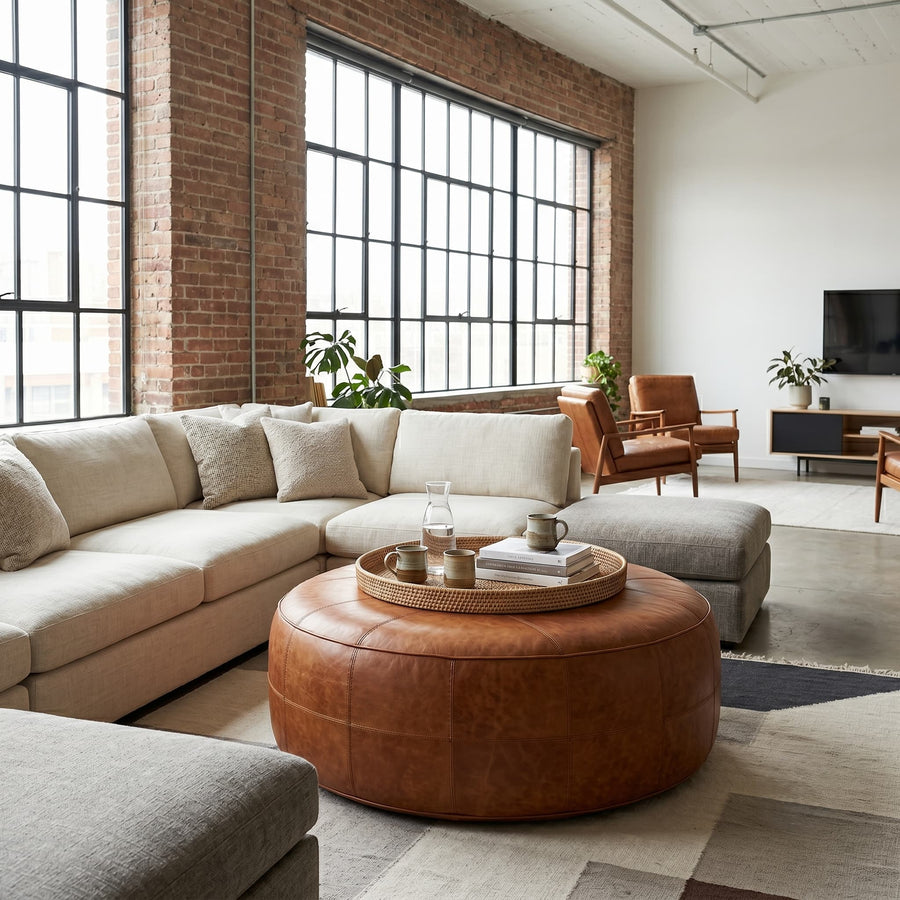 Oversized tan leather floor ottoman anchoring a large sectional sofa