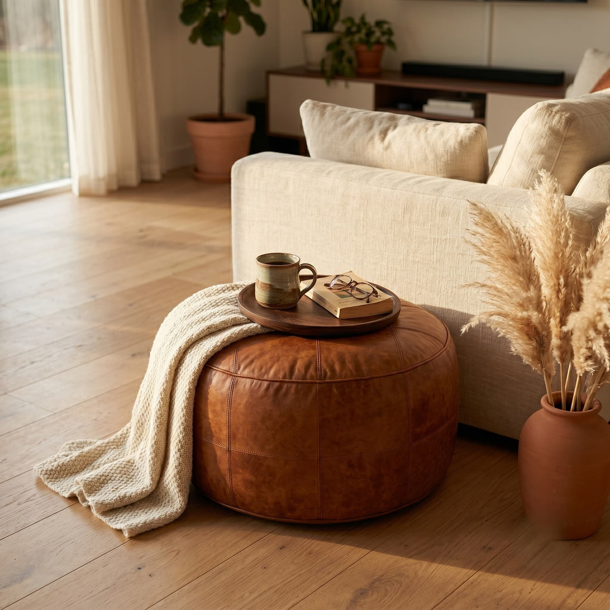 Tan leather floor ottoman topped with a serving tray in a styled living room
