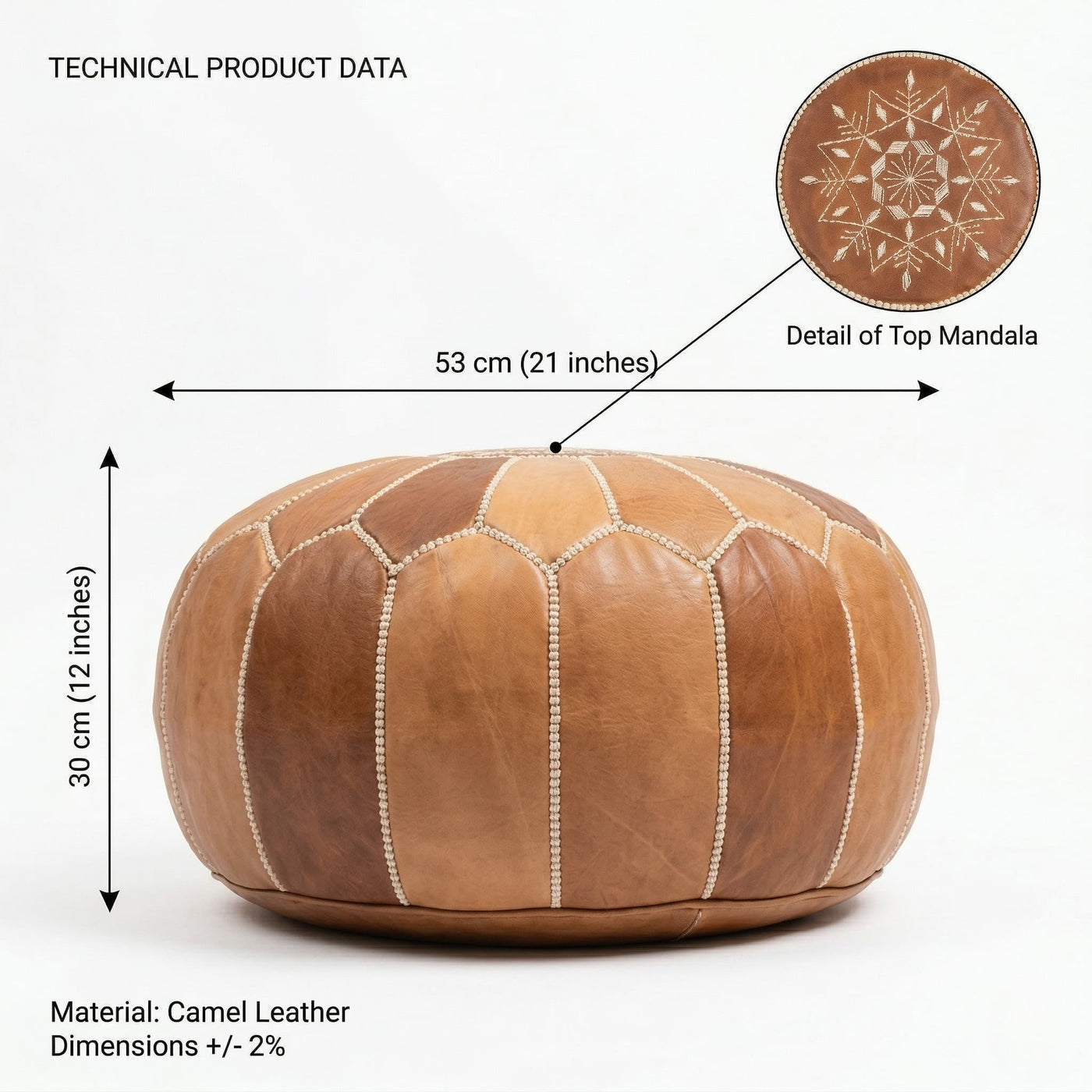 Dimension diagram of the round leather pouf: 53 cm (21 in) wide by 30 cm (12 in) tall, camel leather, with a close-up of the top star embroidery