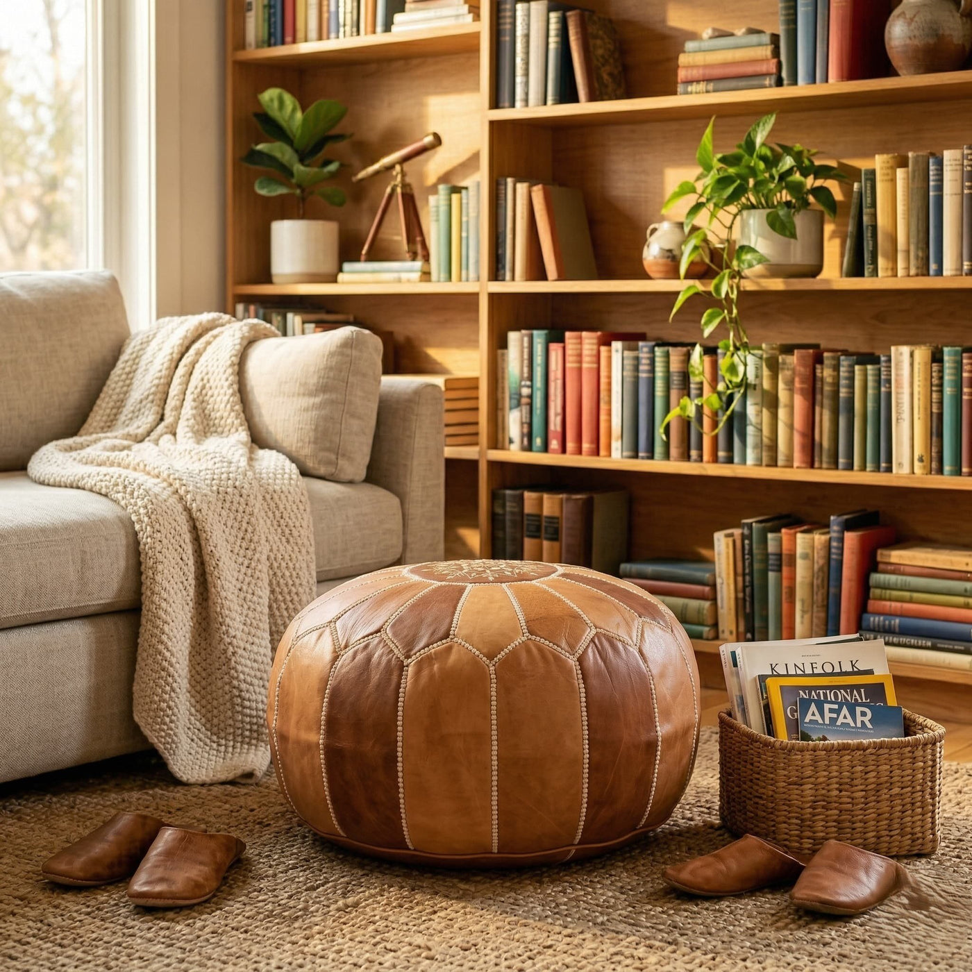 Moroccan leather pouf on a jute rug in a sunlit reading corner with bookshelves and leather slippers