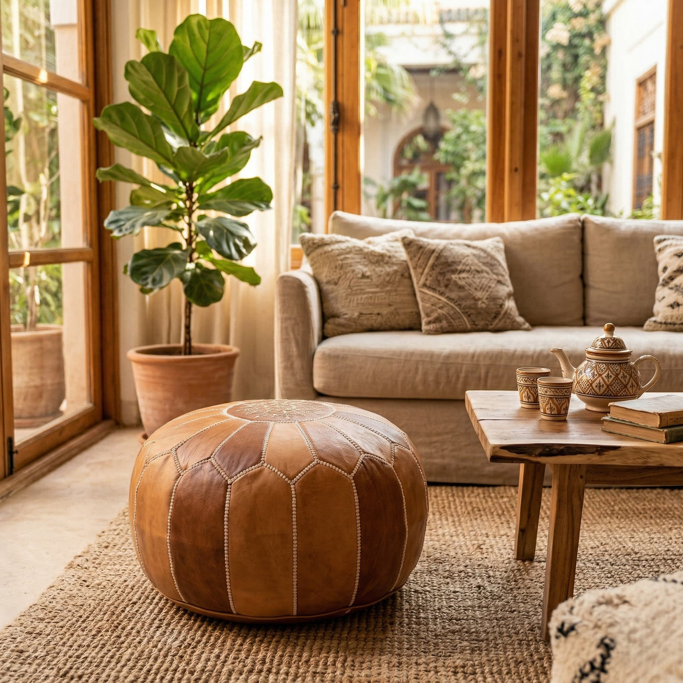 Round leather pouf in a Moroccan riad living room with a linen sofa, wooden table and traditional teapot