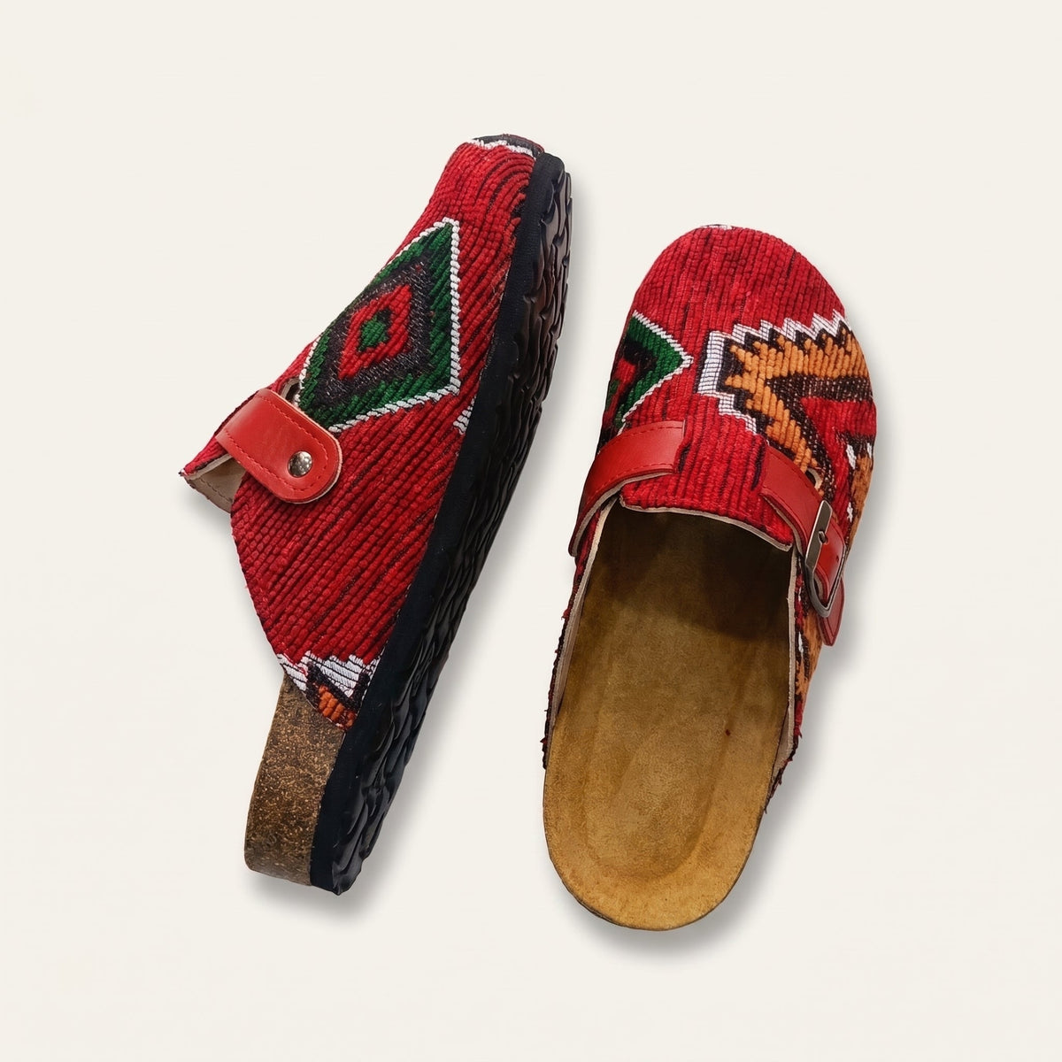 The Atlas Moroccan Kilim & Leather Clogs - Crimson Red