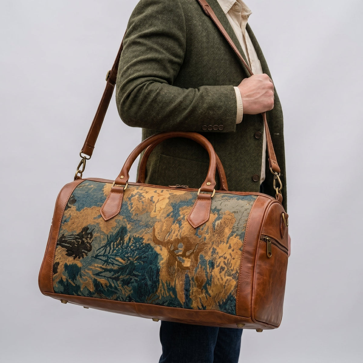 Premium Leather & Woven Velvet Luxury Weekender Bag