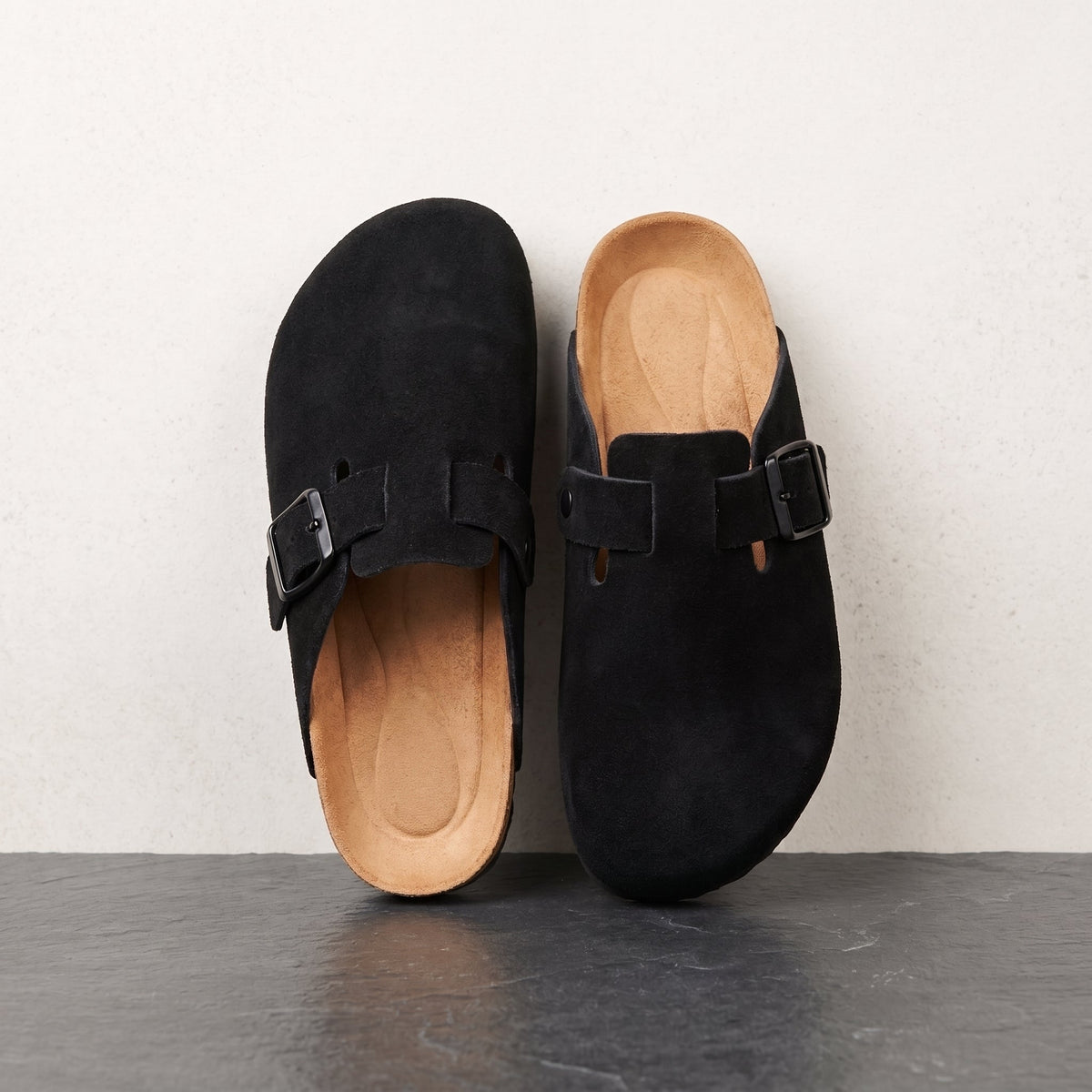 Premium Men's Cork Sole Suede Mules - Onyx Black