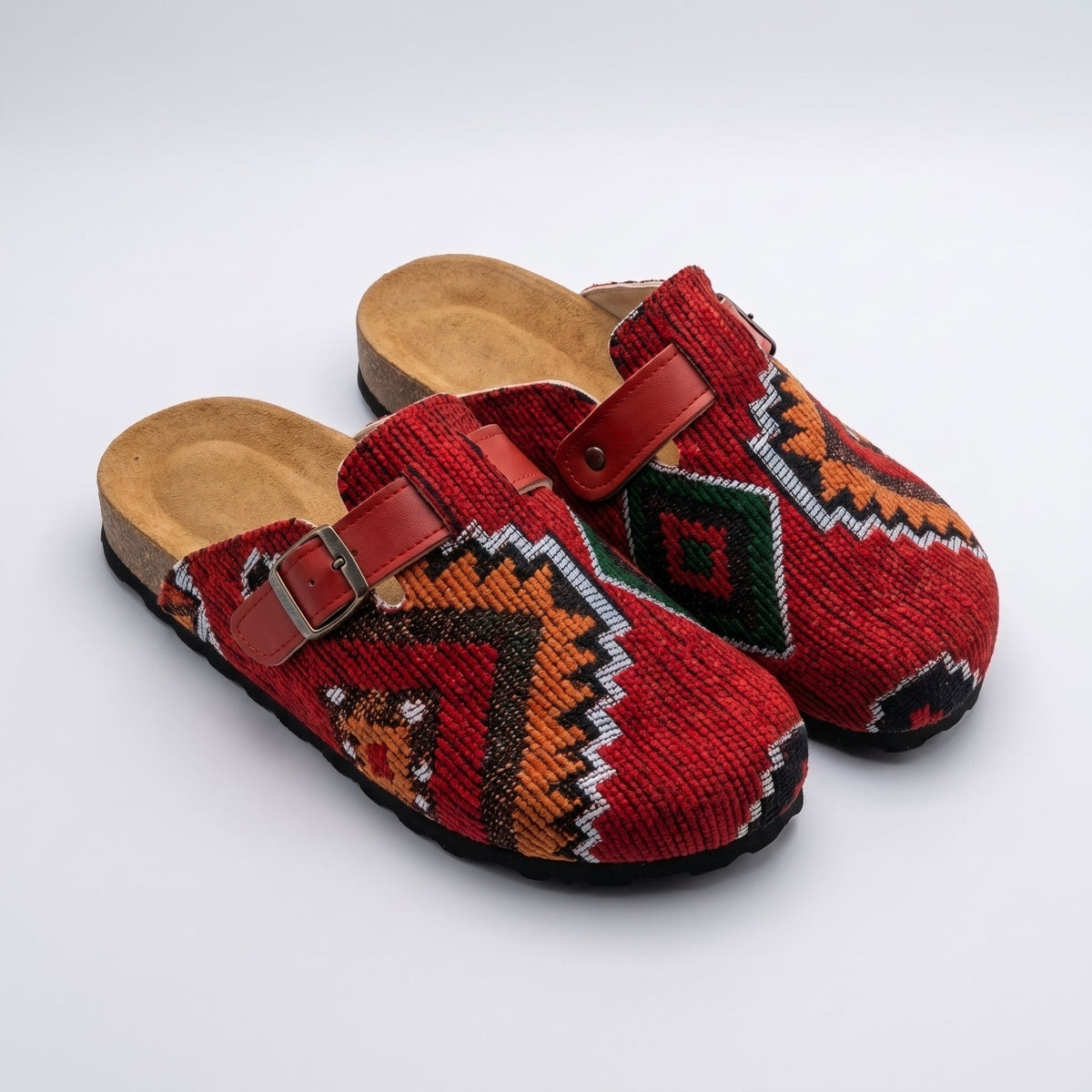 The Atlas Moroccan Kilim & Leather Clogs - Crimson Red