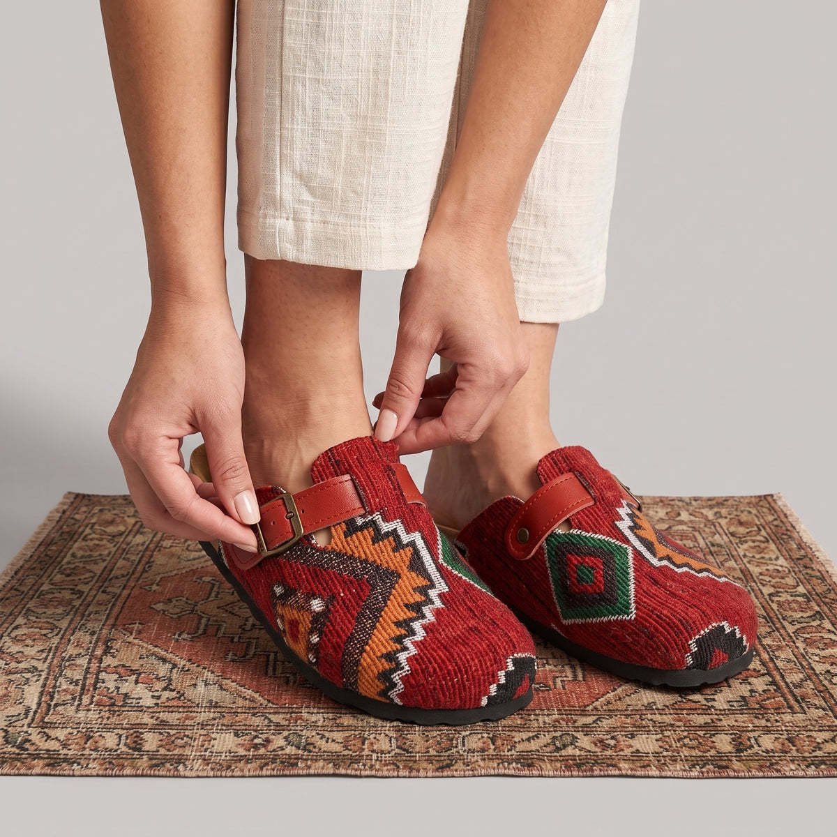 The Atlas Moroccan Kilim & Leather Clogs - Crimson Red