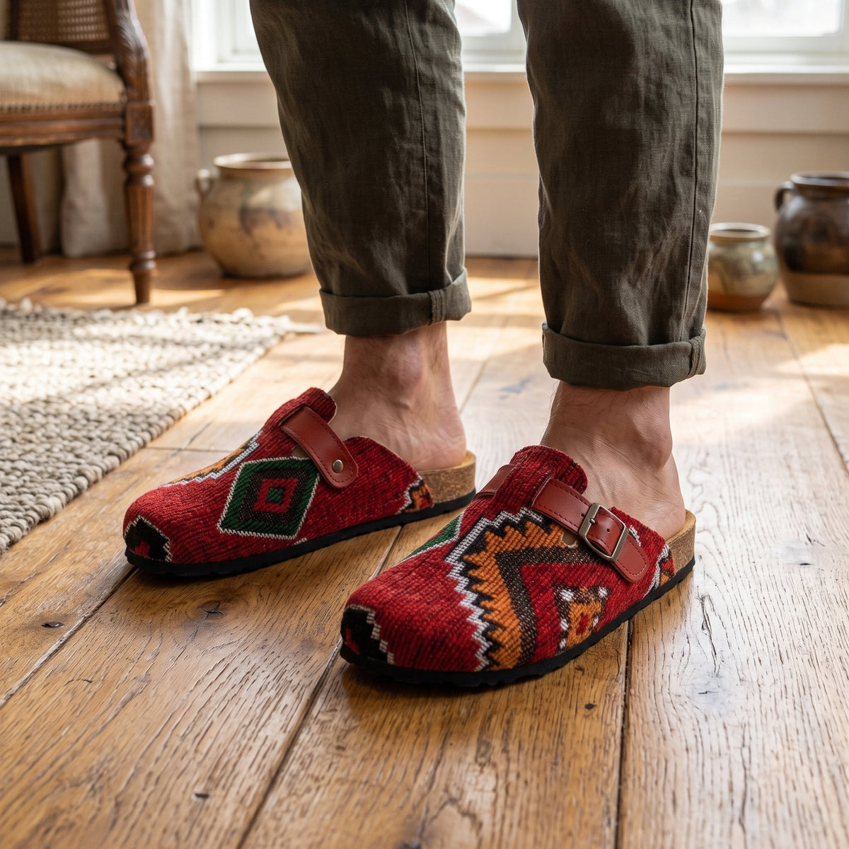 The Atlas Moroccan Kilim & Leather Clogs - Crimson Red