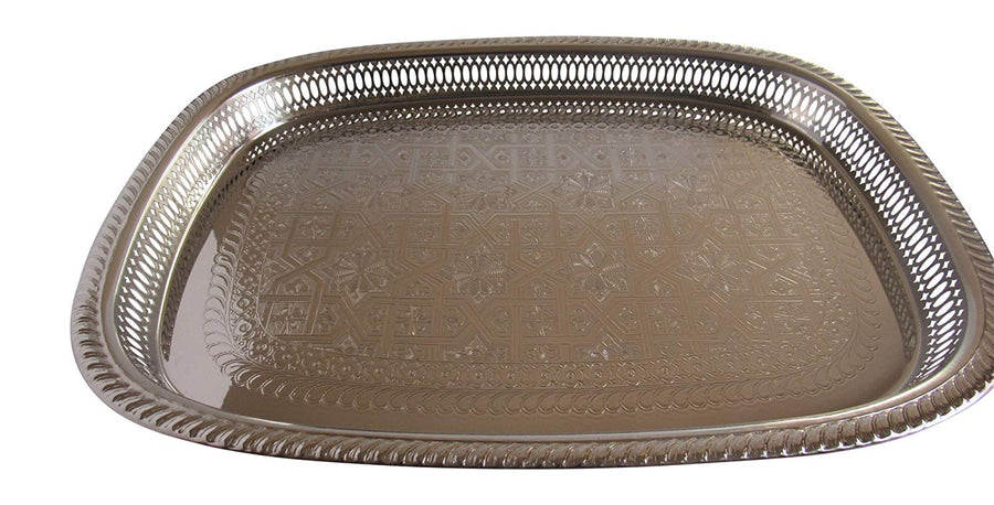 Vintage Styled Handmade Moroccan Silver Plated Rectangle Engraved Tea Tray, Medium 15.4x11.2 Inches