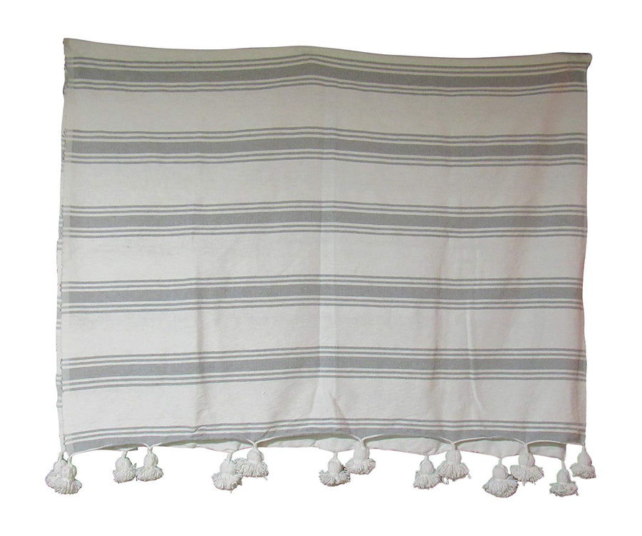 Handcraft Collection Handspun Moroccan Pom Pom Throw Blanket White with Grey Stripes, 100% Berber Wool, Handmade by Skilled Craftspeople,