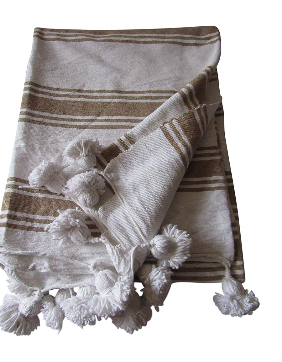 Handcraft Collection Handspun Moroccan Pom Pom Throw Blanket White with Grey Stripes, 100% Berber Wool, Handmade by Skilled Craftspeople,