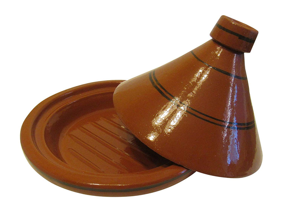 Handmade Authentic Moroccan Ceramic Cooking and Serving Tagine, Lead Free, Brown with Black Stripes, Small 10 1/2 " Diameter x 9 " H