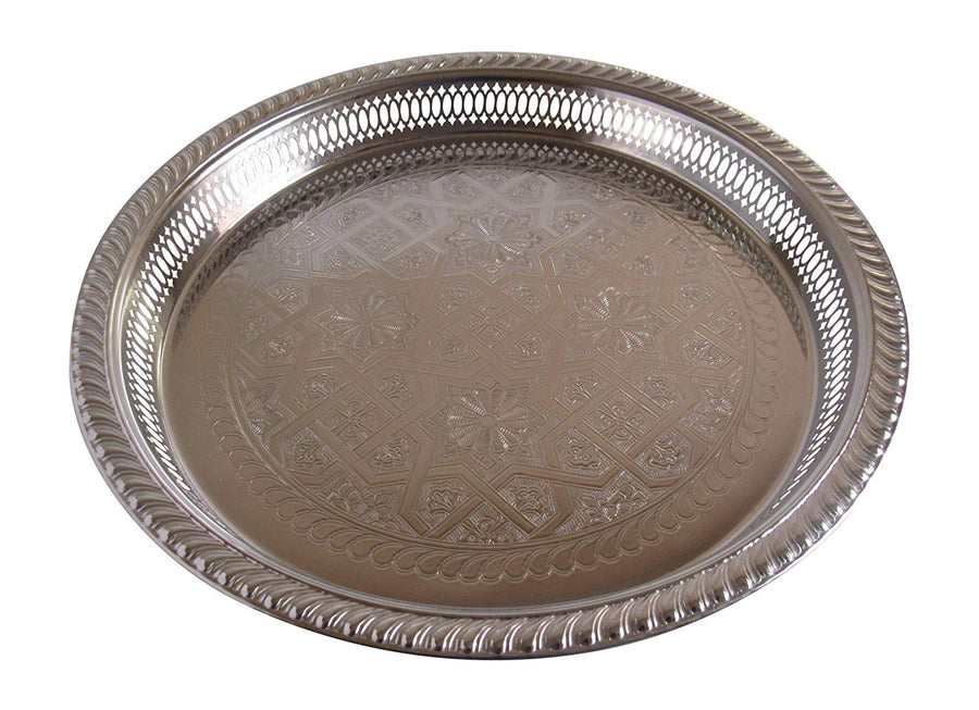 Vintage Styled Handmade Moroccan Silver Plated Engraved Round Tea Tray, 13” Diameter