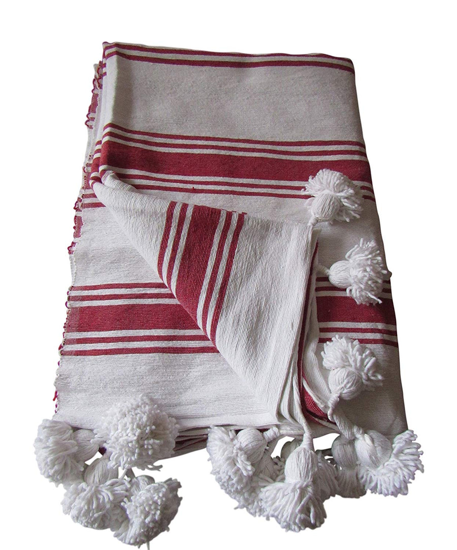 Handcraft Collection Handspun Moroccan Pom Pom Throw Blanket White with Red Stripes, 100% Berber Wool.