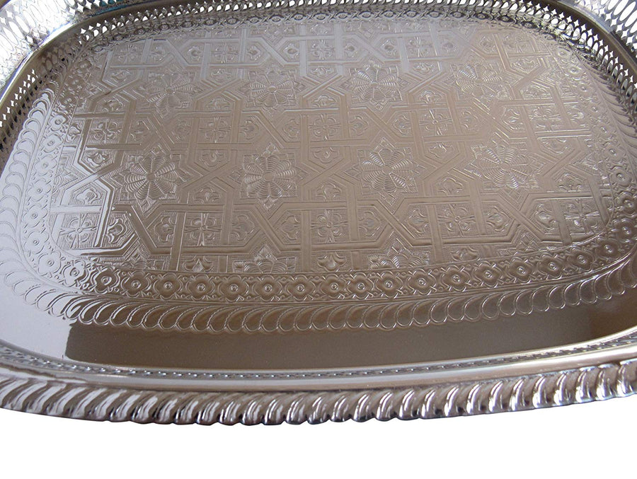 Vintage Styled Handmade Moroccan Silver Plated Rectangle Engraved Tea Tray, Medium 15.4x11.2 Inches