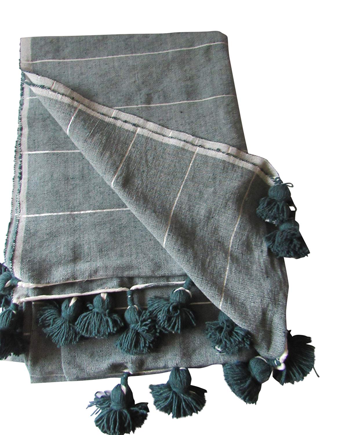 Handcraft Collection Handspun Moroccan Pom Pom Throw Blanket Grey with White Stripes, 100% Berber Wool, Handmade by Skilled Craftspeople,