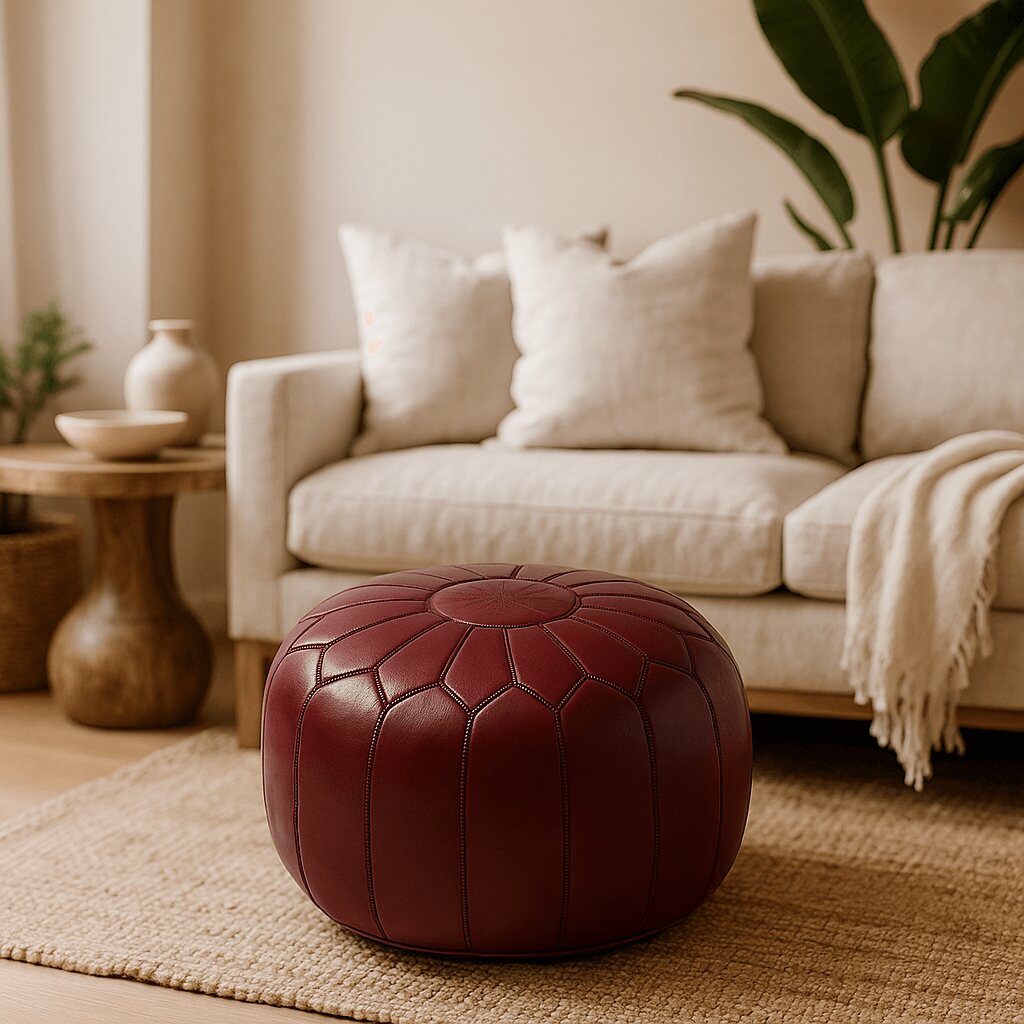 Deep red leather pouf accenting a modern living room with a beige sofa and neutral decor