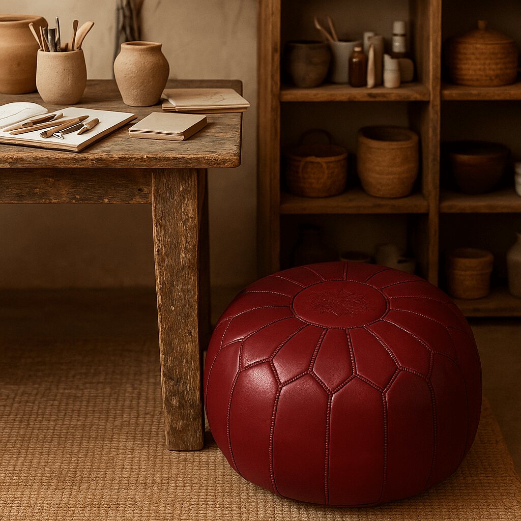 Deep red leather pouf in an artisan studio with pottery and a wooden desk