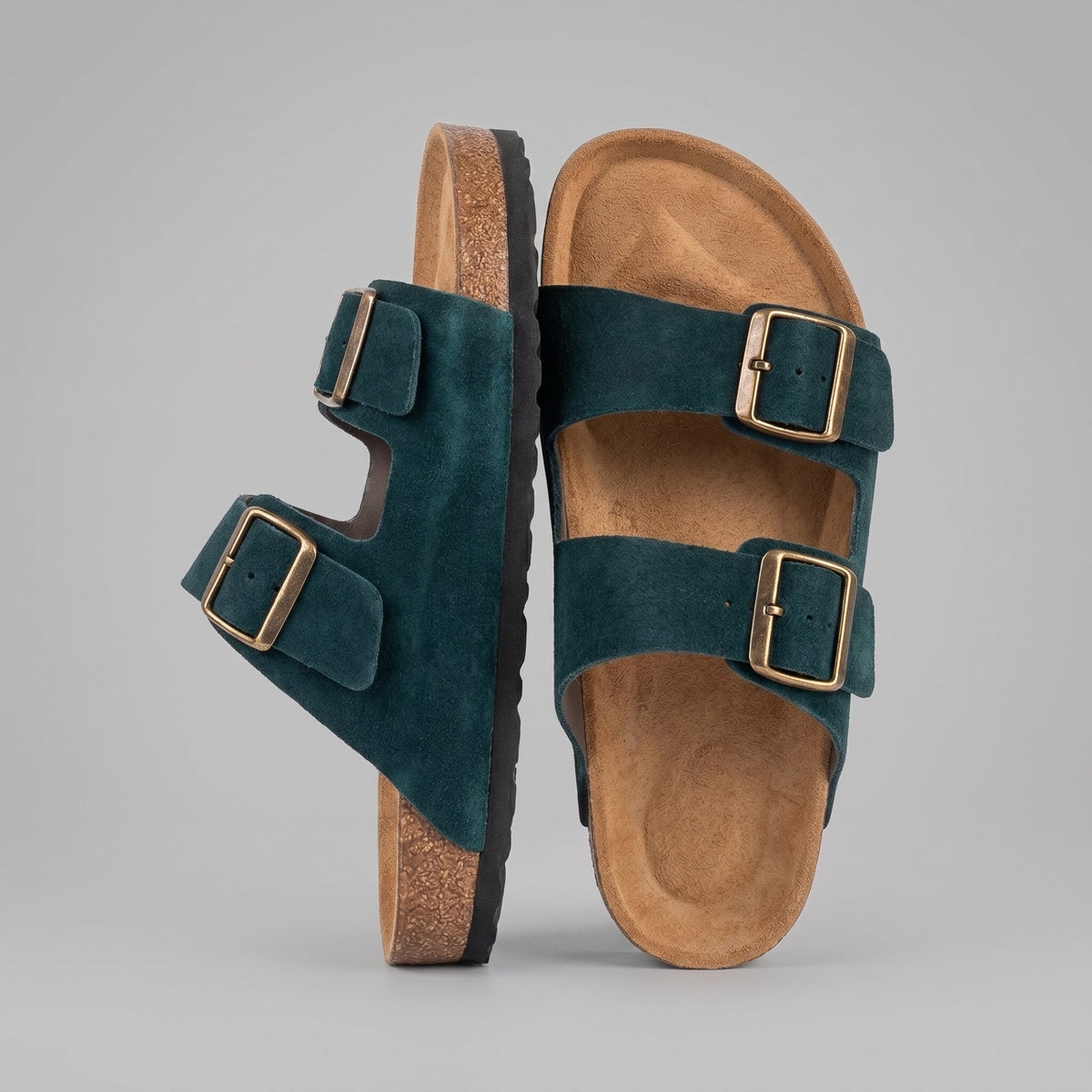Premium Men's Cork Sole Sandals - Forest Green Suede