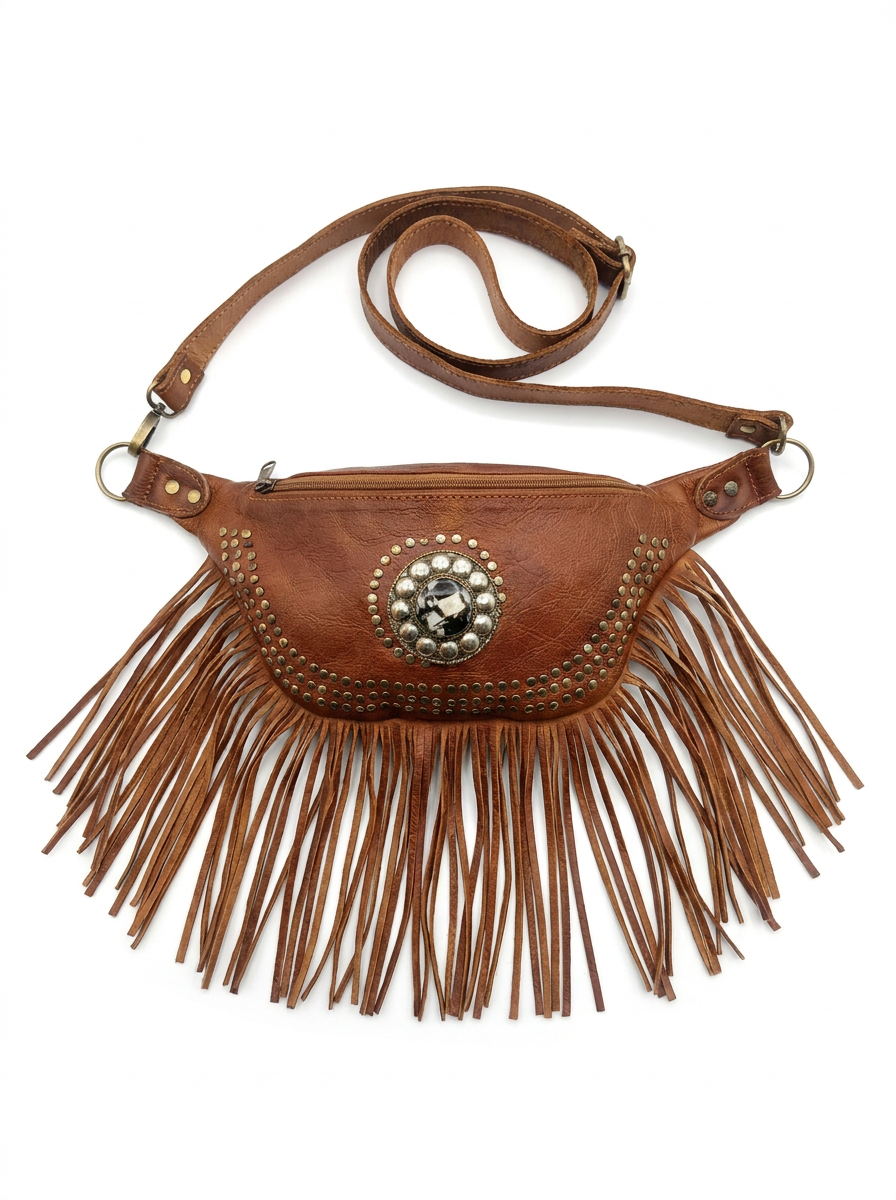 Boho Leather Fringe Belt Bag – Vintage Studded Waist Pack & Crossbody Festival Bag