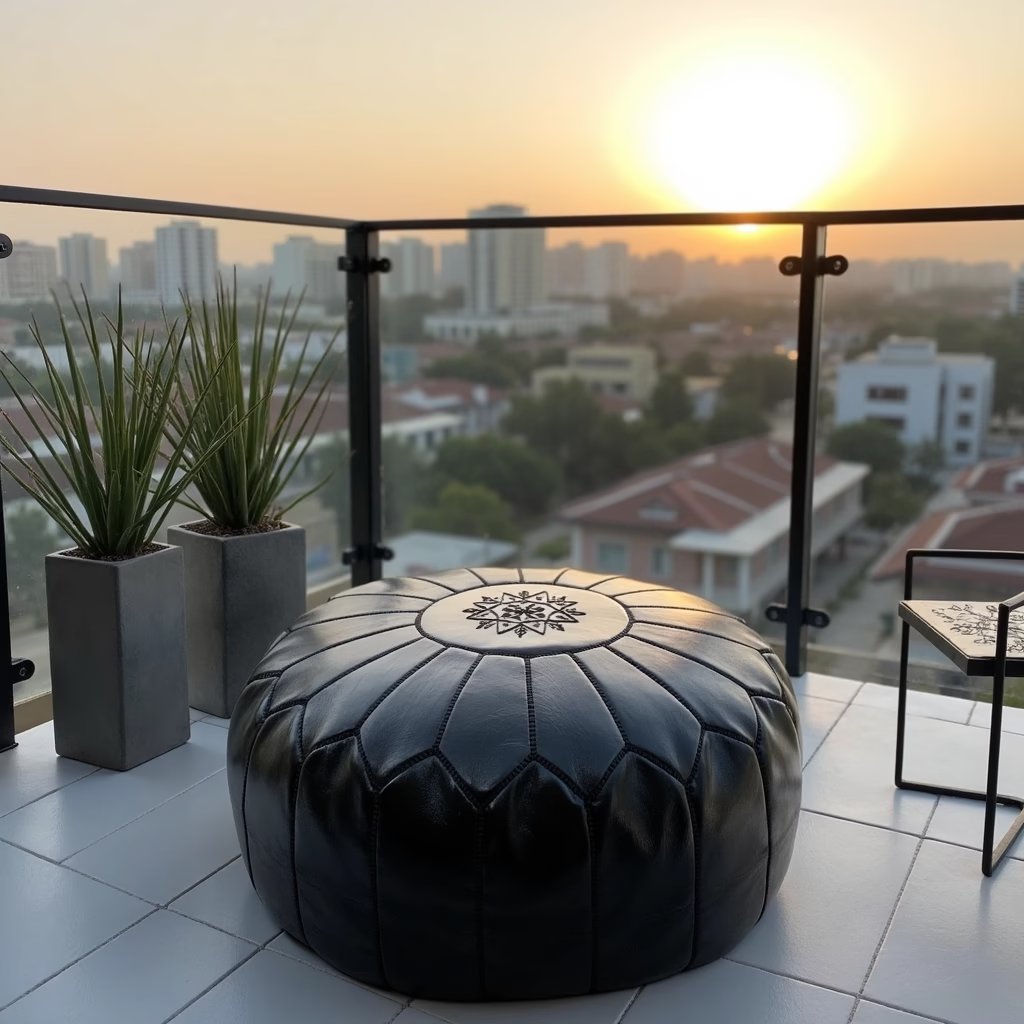 Black leather round pouf, full product view on a neutral background