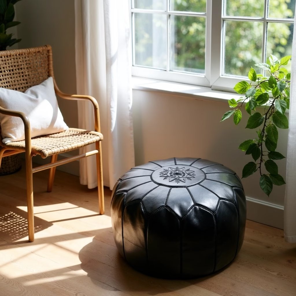 Black leather round ottoman, detail of the tonal stitching between panels