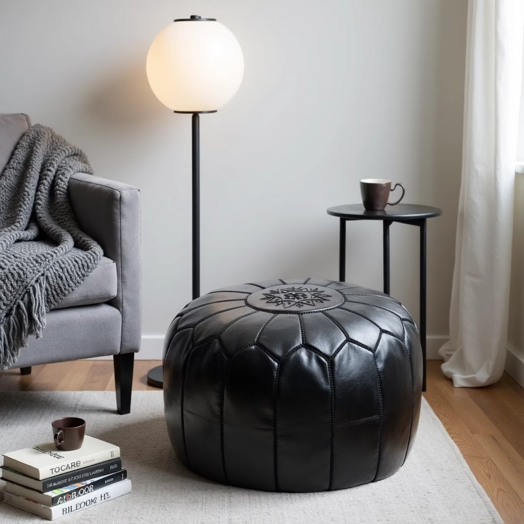 Black goatskin floor pouf showing the 21-inch round profile