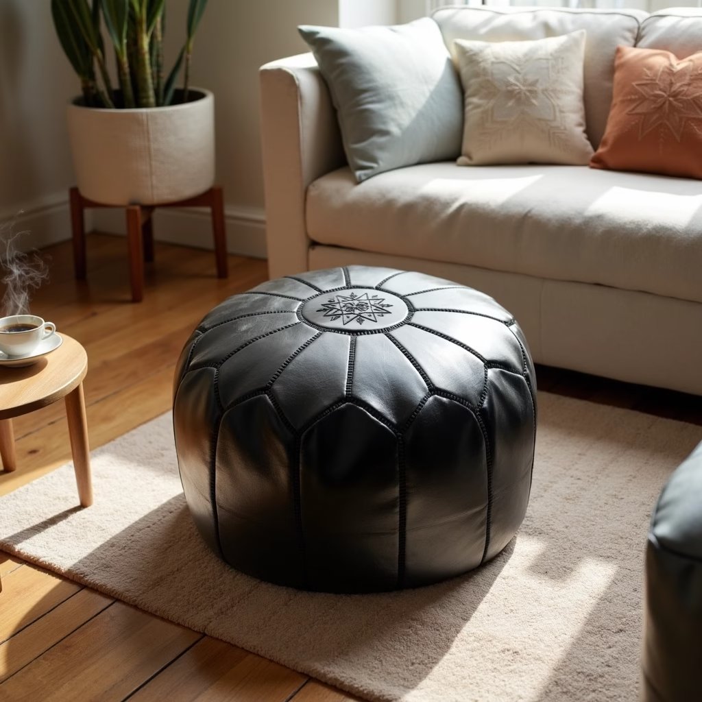 Black Moroccan leather ottoman, three-quarter view