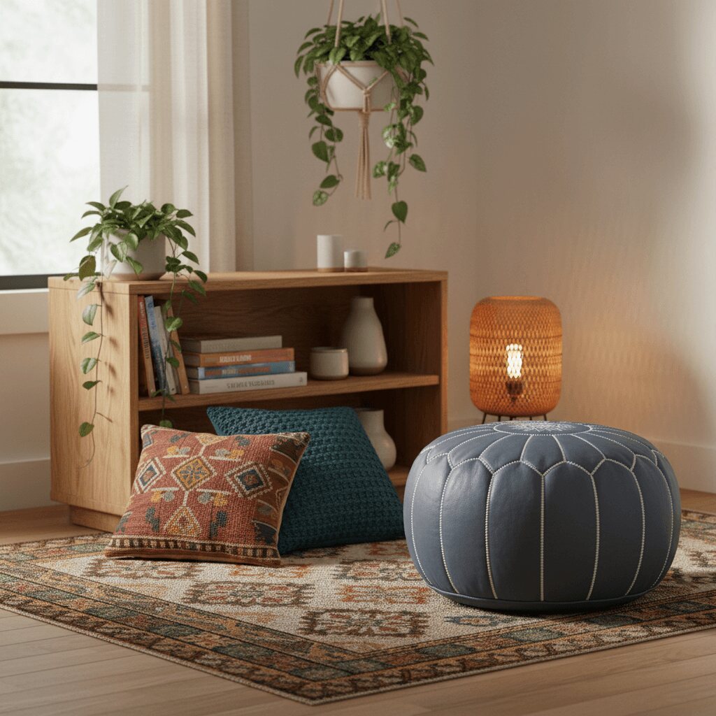Gray leather pouf in a bohemian nook with a patterned rug, cushions and plants