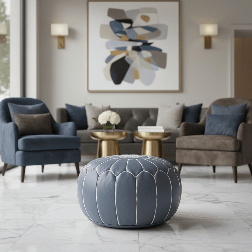 Gray leather pouf in an elegant living room with velvet chairs and marble flooring
