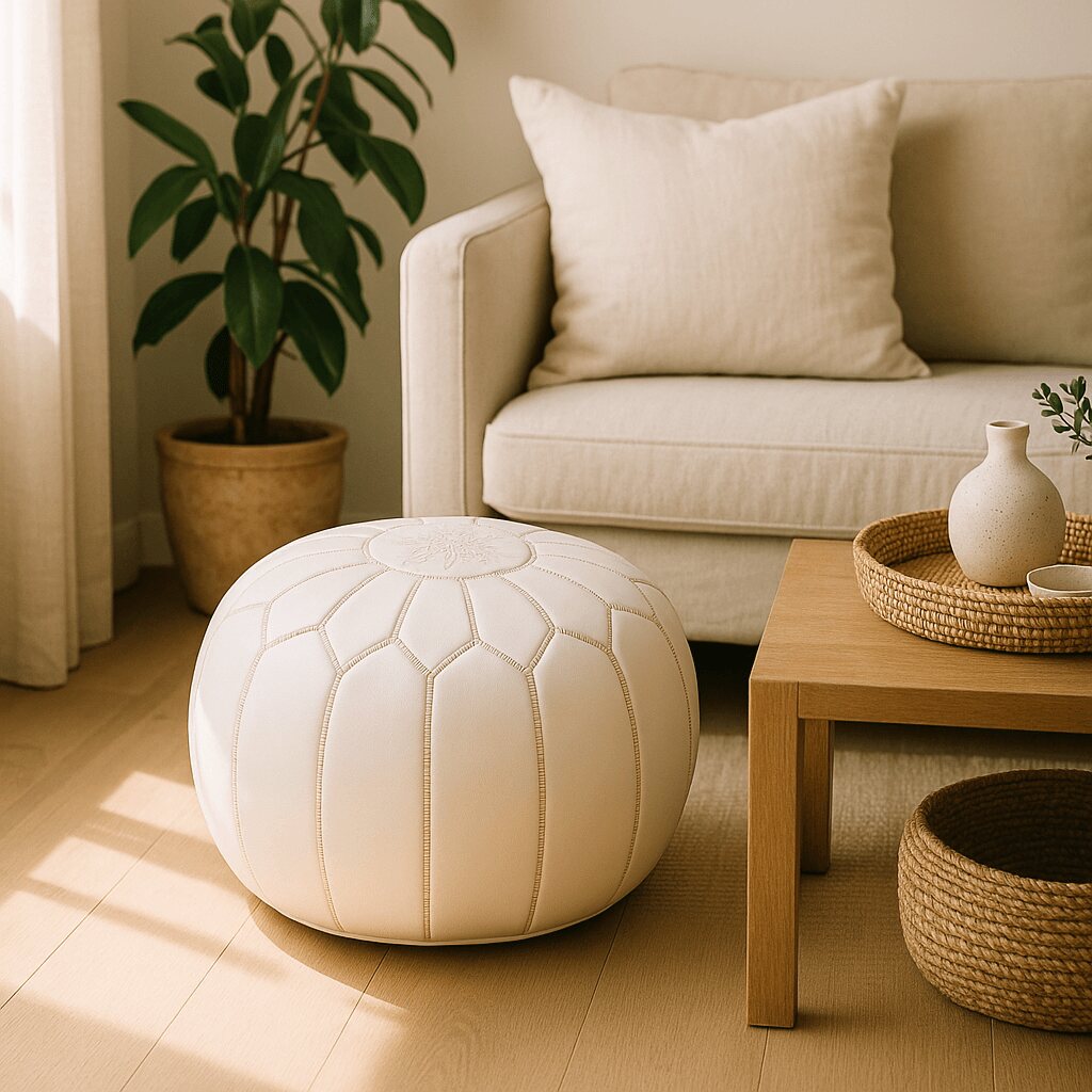 White leather pouf in a cosy living room beside a neutral sofa and wooden coffee table