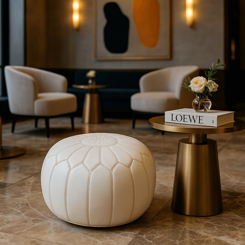 White leather pouf in an elegant hotel lobby with gold accents and modern armchairs