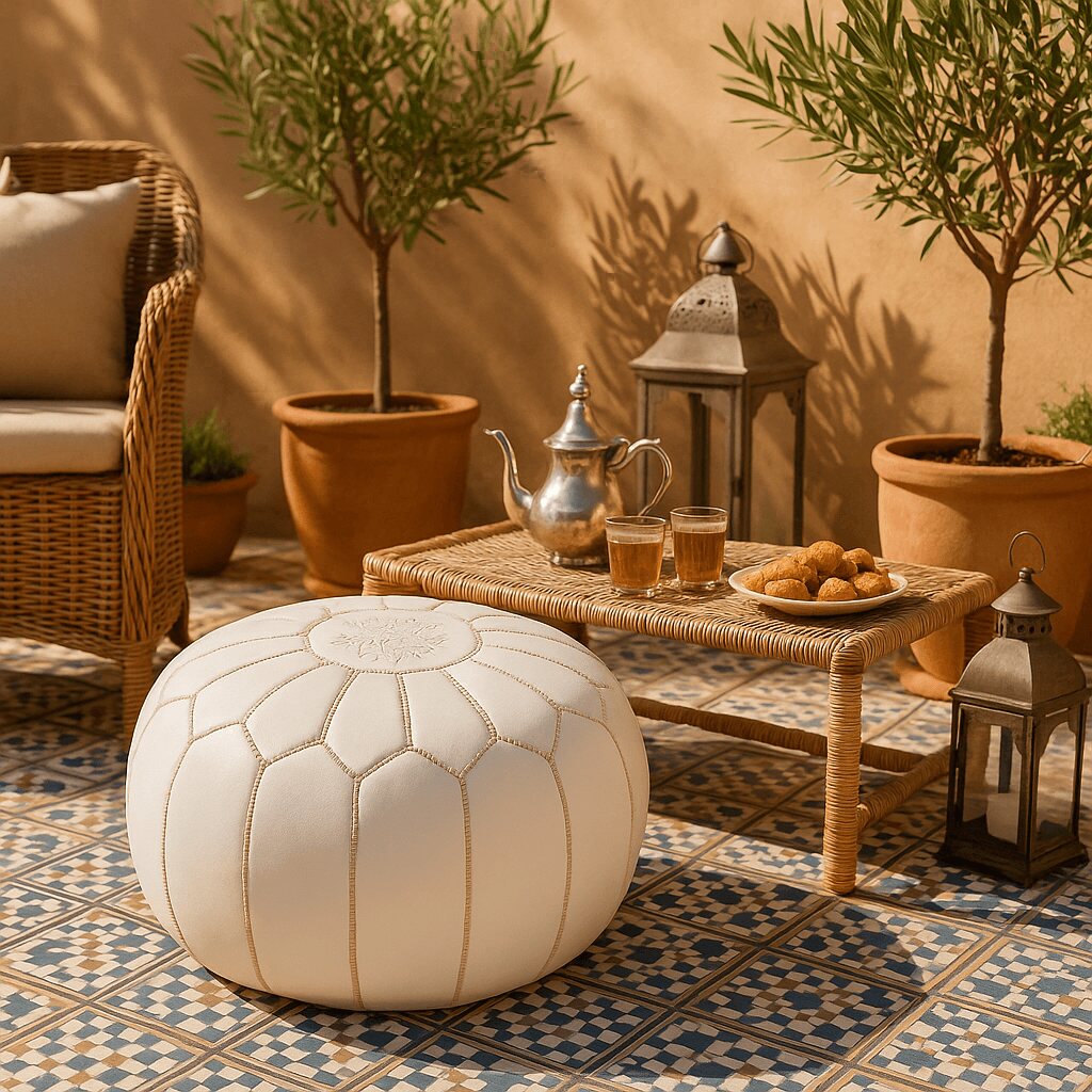 White leather pouf on a tiled terrace with a Moroccan tea set and pastries