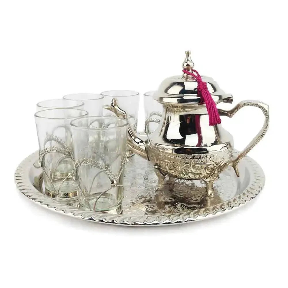 Silver-plated Moroccan tea gift set, 8-piece filigree service for six