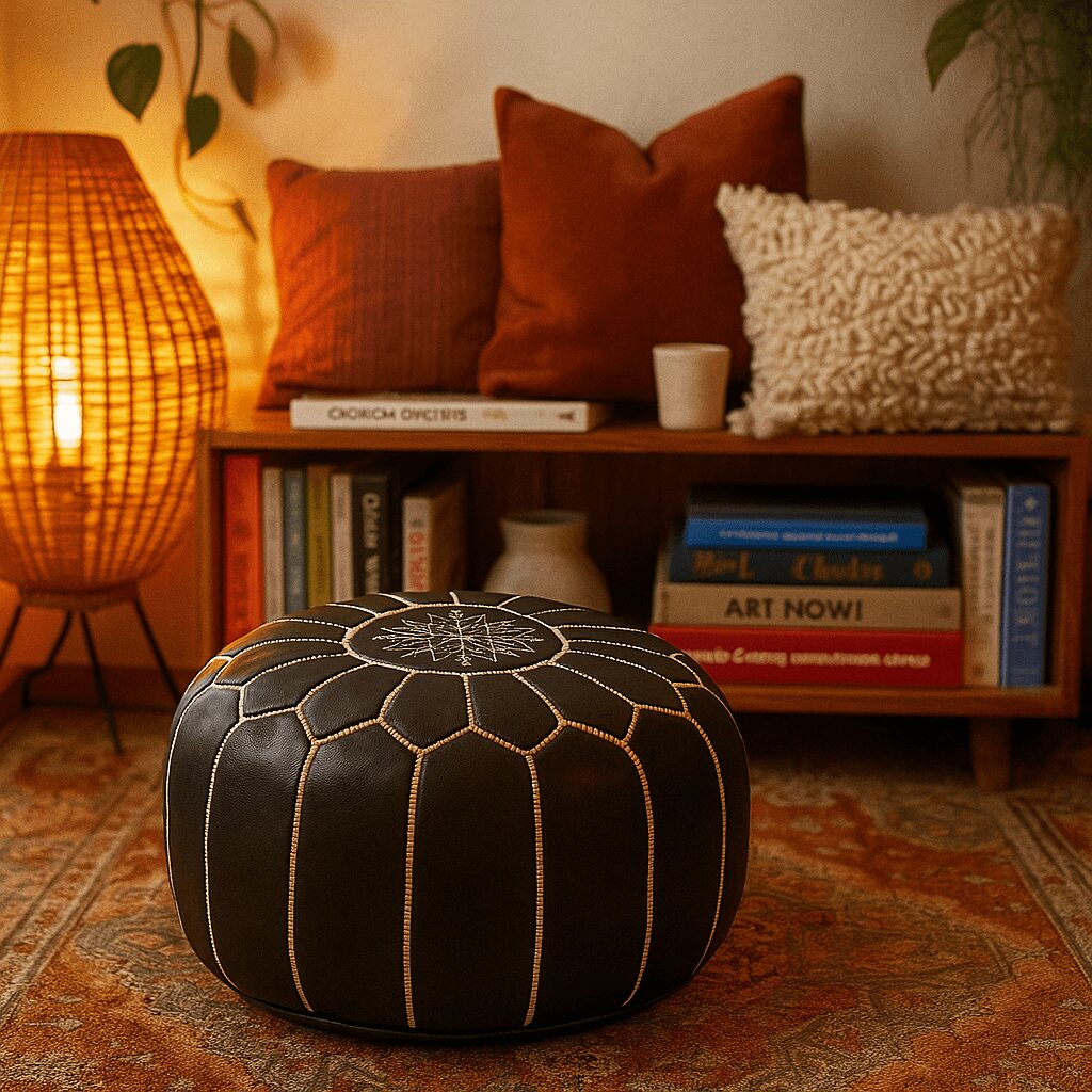 Black Moroccan leather pouf in a bohemian reading nook with cushions and a woven rug