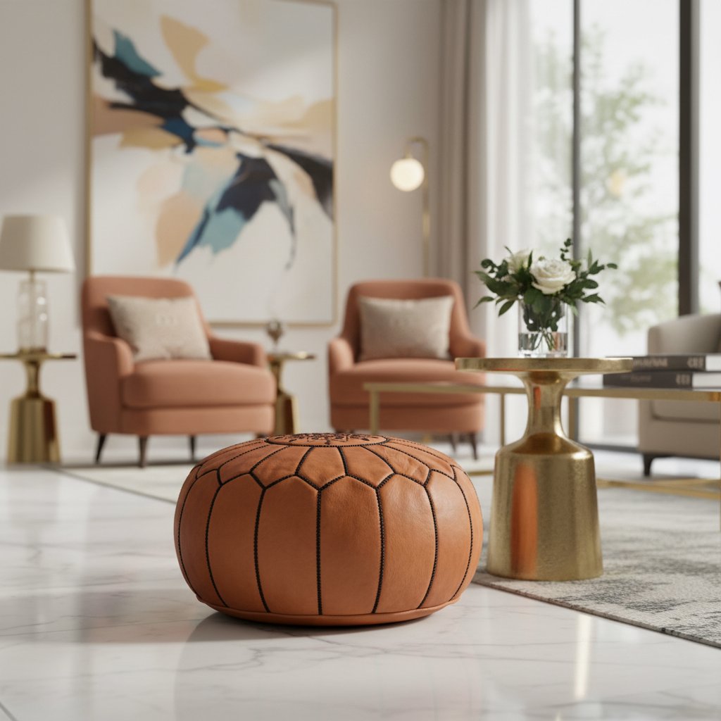 Light brown leather pouf ottoman in a modern living room with neutral chairs and golden side tables