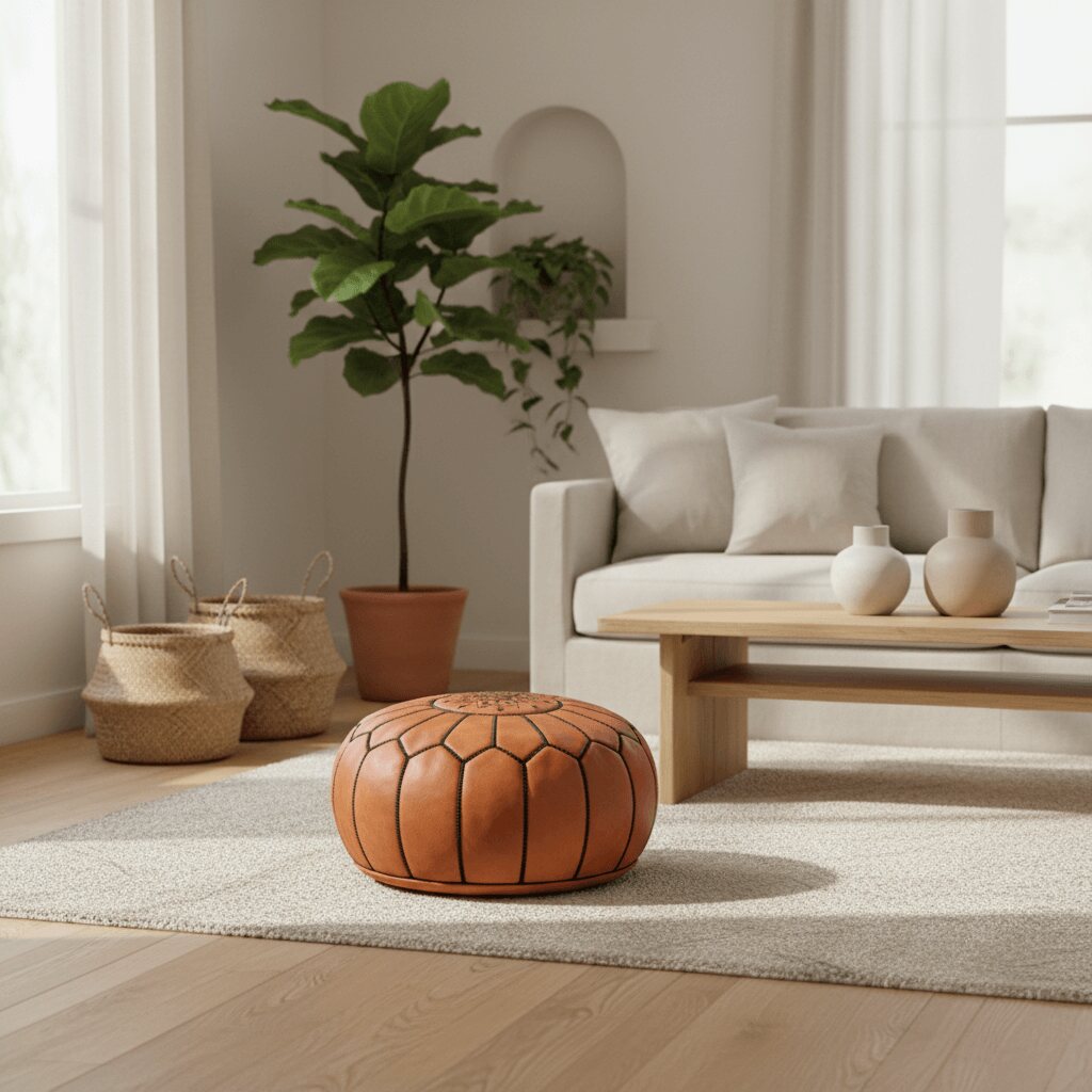 Light brown leather pouf ottoman in a contemporary living room with indoor plants and a beige sofa