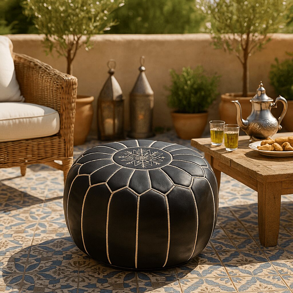 Black Moroccan leather pouf on a patio with mint tea and metal lanterns on patterned tiles
