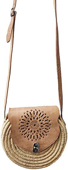Raffia Bag, Crossbody Bag, Moroccan Raffia Handbag, Small Round Shoulder Bag, Boho Moroccan Handmade