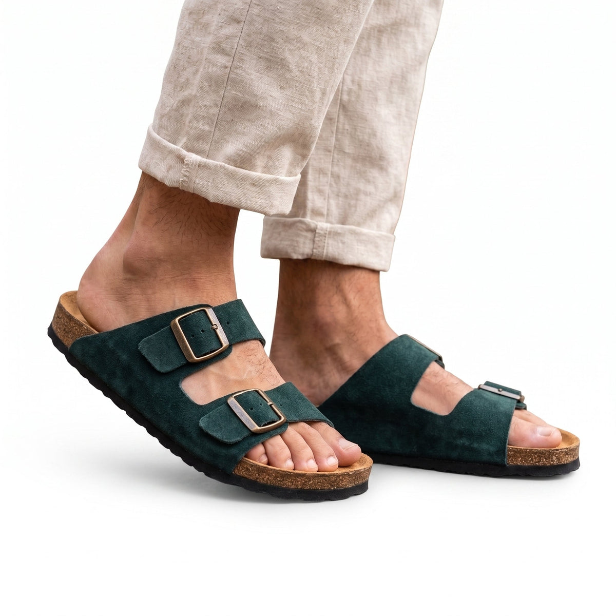 Premium Men's Cork Sole Sandals - Forest Green Suede