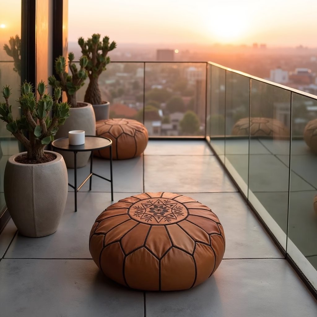Round natural leather pouf ottoman with brown contrast stitching