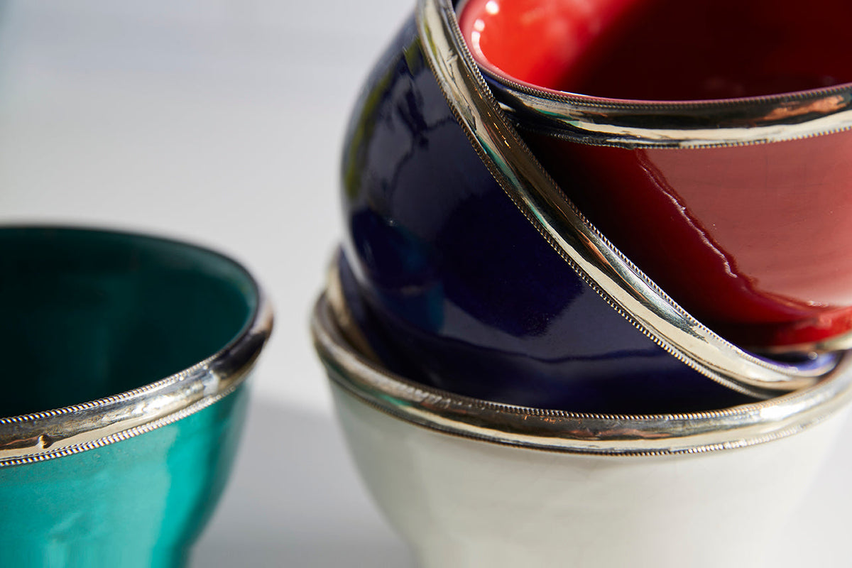 Moroccan Glazed Ceramic Bowl with Berber Silver Trim